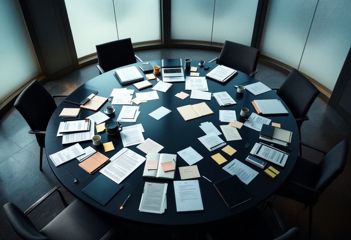 A circular conference table viewed from above with scattered printed documents, sticky notes, and open notebooks, soft natural light through frosted windows, muted blue-grey tones