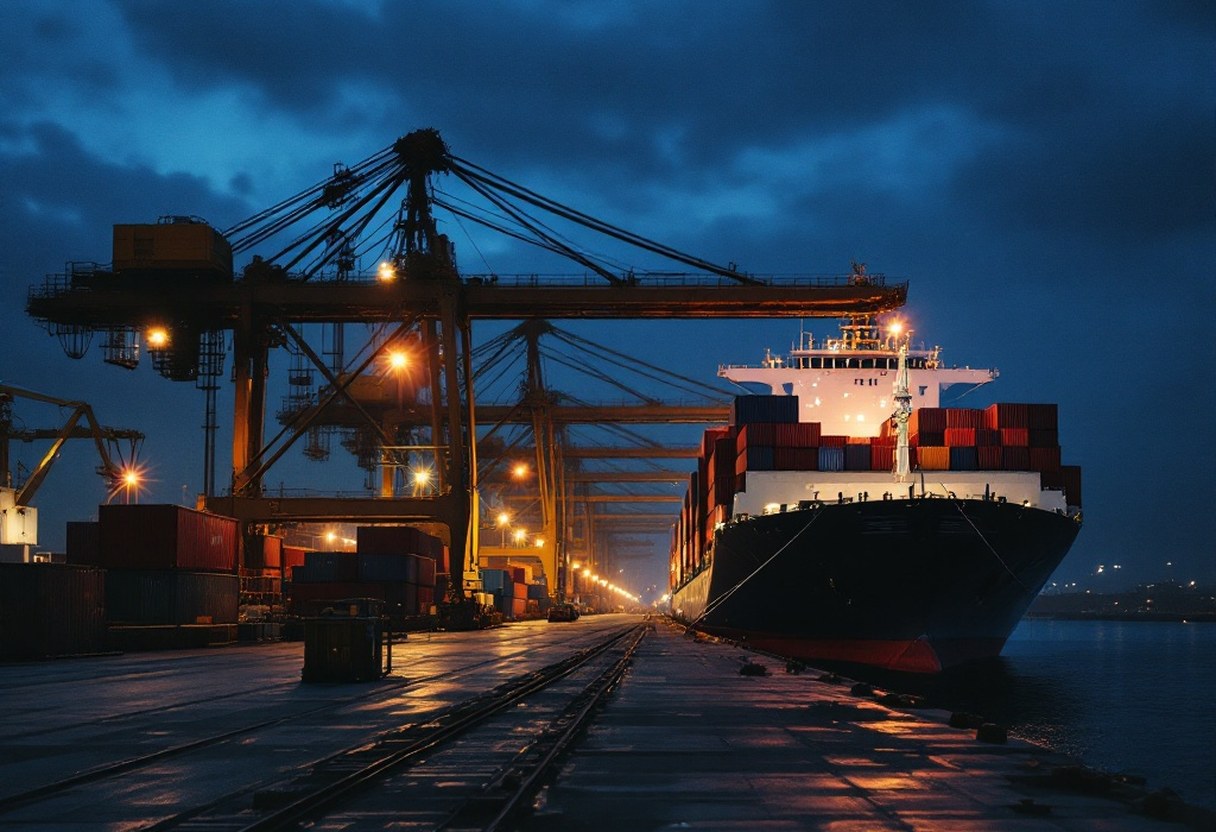 A container terminal at dusk: gantry cranes loading a cargo ship, cool blue evening light with warm crane lamps, slightly desaturated documentary photograph