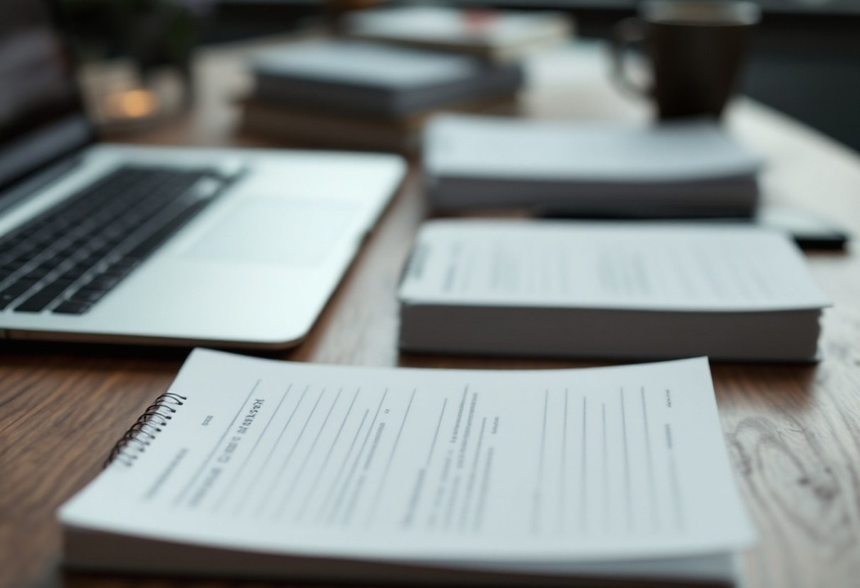 A row of closed examination booklets on a wooden desk beside a sleek laptop, shallow depth of field, cool grey and slate tones, diffused overcast light