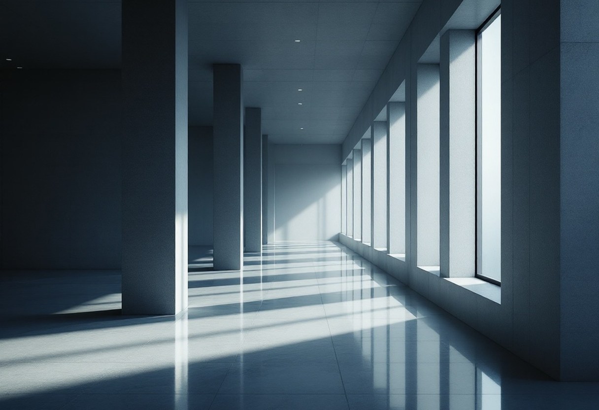 A modernist university corridor with large geometric windows casting long shadows on a polished floor, deserted, cool blue-grey daylight, minimalist architectural composition