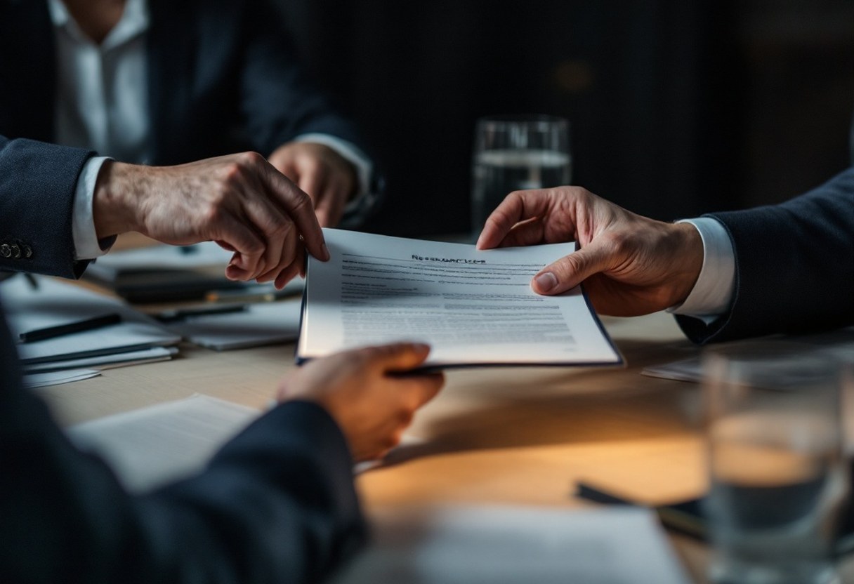Two sets of hands exchanging a bound research document across a conference table with papers and water glasses, muted cool palette, soft overhead lighting, no identifiable features