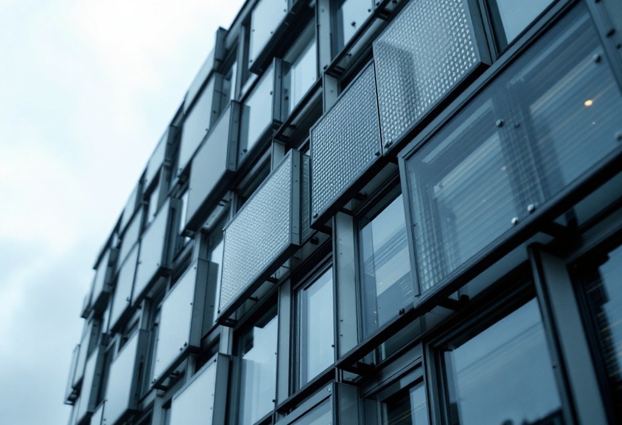 An abstract close-up of interconnected structural framework on a contemporary European research building facade, overcast sky, steel and glass textures, restrained grey-blue palette