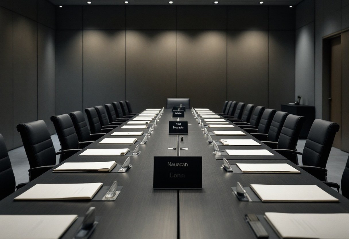 A wide conference table with two rows of neatly arranged folders and name placards facing each other, empty chairs, cool institutional lighting, neutral grey and cream tones