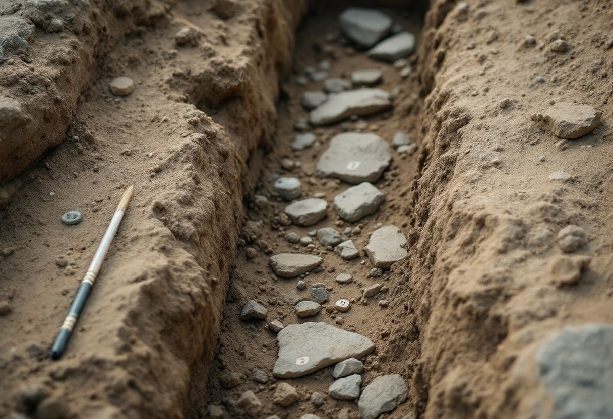 A shallow excavation trench in dry European soil with carefully arranged brushes and small numbered markers beside partially revealed stone fragments, muted ochre and grey tones, soft diffused dayligh