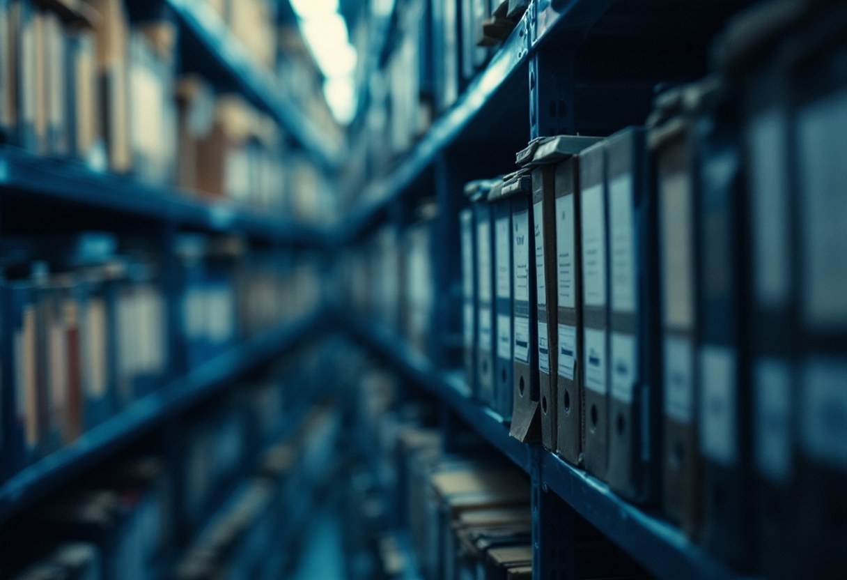 Rows of archival binders and catalogued folders on metal library shelving, cool fluorescent light, muted blues and greys, shallow focus on spines and labels
