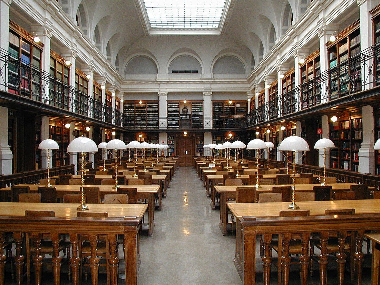 A grand historic university library reading room, symmetrical one-point perspective, warm lamps against cool stone
