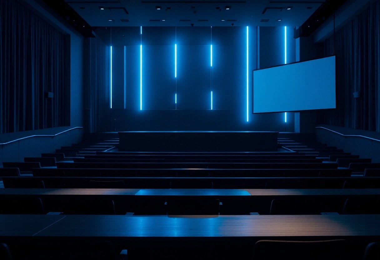 An empty modern lecture hall with tiered seating and projection screens, cool blue ambient light filtering through high windows, minimalist and quiet atmosphere