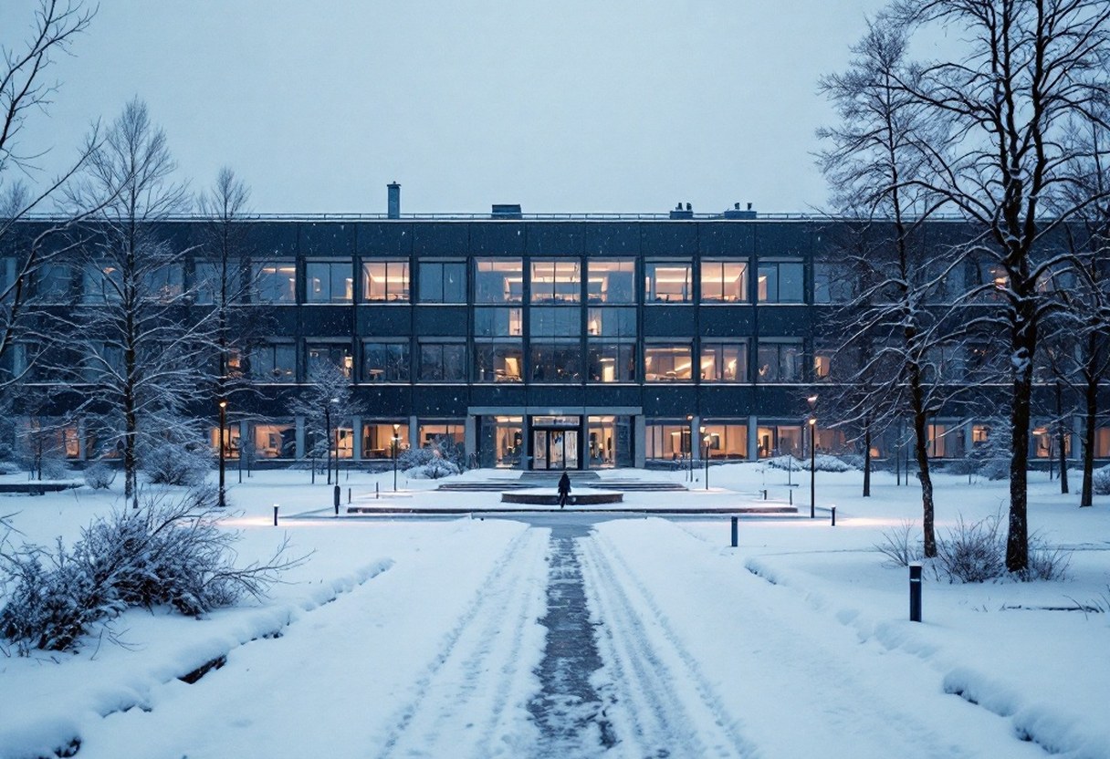 Main campus building of the University of Oulu in winter, Finland