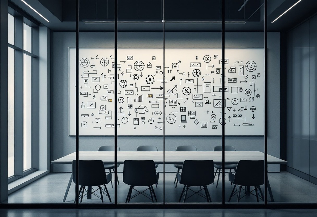 A glass-walled meeting room with a whiteboard covered in abstract diagrams and arrows, empty chairs around a long table, cool grey urban light from floor-to-ceiling windows